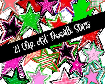 Clip Art Doodle Stars Bundle PNG, Handgezeichnet, 21 Elemente, Digital