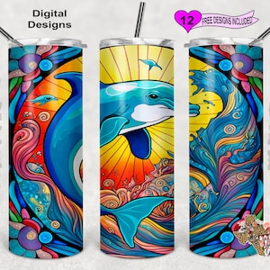 Stain Glass Tumbler Wrap, Dolphin Tumbler PNG, 20 oz Skinny Tumbler Sublimation Design, Seamless Pattern