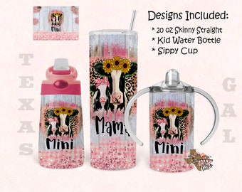 Vaca, Mama y Mini, paquete, diseño de vaso delgado de 20 oz, botella de agua para niños de 12 oz, taza para sorber, vaso, sublimación, descarga digital, PNG