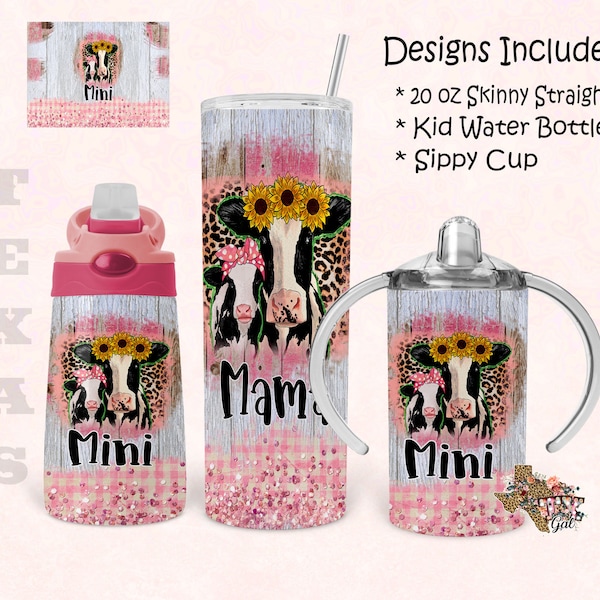 Cow, Mama and Mini, bundle, 20 oz skinny tumbler design, 12 oz kid water bottle, sippy cup, tumbler, sublimation, digital download, PNG