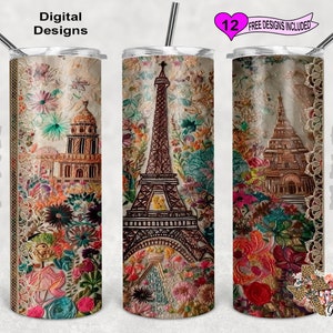 Embroidery Tumbler Wrap, Eiffel Tower Tumbler Wrap, 20 oz Skinny Tumbler Sublimation Design, Seamless Pattern