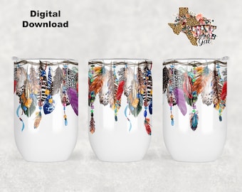 Vaso de vino de 12 oz, diseño de sublimación de plumas boho, sublimación india nativa americana PNG, SOLO DIGITAL instantáneo