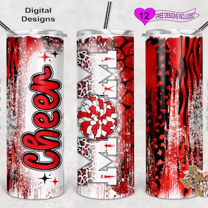 May include: Three red and white sublimation tumbler designs. The first tumbler has the word "Cheer" in red with a white background. The second tumbler has the word "Mom" in red with a white background and a red and white pom-pom. The third tumbler has a red and white zebra stripe pattern.