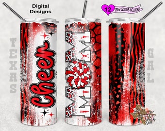 Tumbler Wrap Cheer Mom, Tumbler PNG Cheer Mom, Tumbler Wrap Cheer rosso e nero, Tumbler sottile da 20 oz con design a sublimazione, motivo senza cuciture