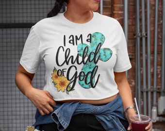 Camiseta Soy un hijo de Dios Cruz turquesa Girasol Sublimación Descarga digital PNG