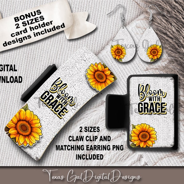 Sunflower Hair Clip And Earring Sublimation Bundle, Large Small Hair Claw And Earrings PNG, Hair Clip Sublimation Design, Digital Download