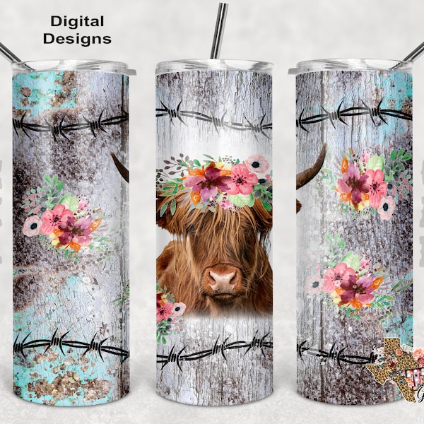 Highland Cow PNG, Highland Cow Tumbler Design, Western PNG, 20 Oz Skinny Tumbler Sublimation Design, Seamless Pattern