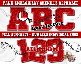Faux Embroidered Chenille Alphabet Set, Red Chenille Embroidered Varsity Patch Letters PNG, Printable Alphabet Font Bundle