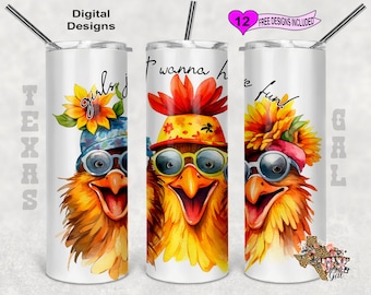 Chickens Tumbler Wrap, Girls Just Wanna Have Fun Wrap, Watercolor Tumbler Wrap, 20 oz Skinny Tumbler Sublimation Design, Seamless design