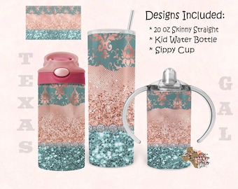 Teal Rose Gold Bundle 20oz Skinny Tumbler Design 12 oz Water Bottle Sippy Cup Tumbler Sublimation Digital Download PNG