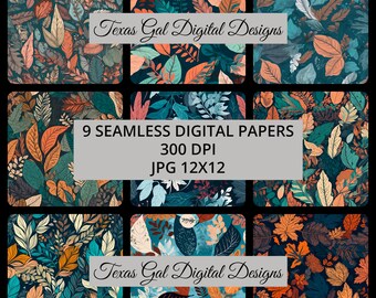 Leaves Digital Paper, 9 Seamless Leaves Patterns Digital Paper, Seamless Leaves Digital Paper
