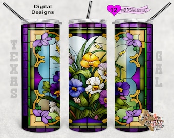 Envoltório de copo de vidro manchado, vidro manchado de amores-perfeitos, copo floral PNG, copo magro de 20 onças PNG, design perfeito
