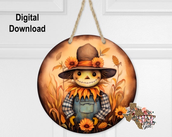 Round Sublimation Door Hanger Scarecrow Design for Hardboard Blanks, Fall Wreath, PNG Digital Download, digital graphics
