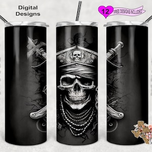 Skull Tumbler Wrap, Pirate Tumbler Wrap, 20 oz Skinny Tumbler Sublimation Design, Seamless Pattern