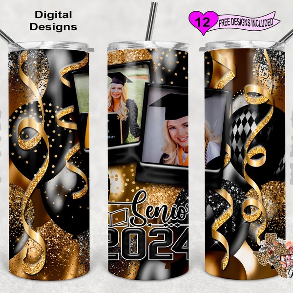 Senior 2024 Tumbler Wrap, Graduation Tumbler Design, Picture Frame Tumbler Wrap, Black And Gold Balloons, 20oz Sublimation Tumbler Design