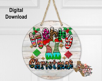 Round Sublimation Door Hanger Christmas Design for Hardboard Blanks, Merry Christmas Wreath, PNG Digital Download, digital graphics