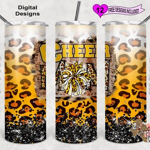 20 oz Skinny Tumbler Cheer Mom Yellow Leopard  Sublimation Design PNG Instant DIGITAL ONLY