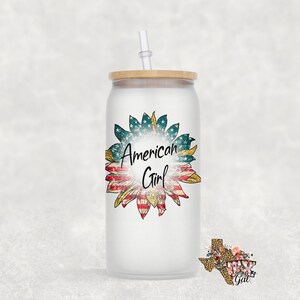 Glass Can American Girl Flag Sunflower Sublimation Design PNG Instant DIGITAL ONLY