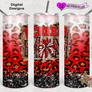 20 oz Skinny Tumbler Cheer Mom Red Leopard  Sublimation Design PNG Instant DIGITAL ONLY