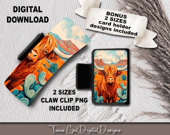 Diseño de sublimación de clip de pelo de vaca de las tierras altas, PNG de garra de pelo pequeña grande, PNG boho, diseño de sublimación de clip de pelo, descarga digital