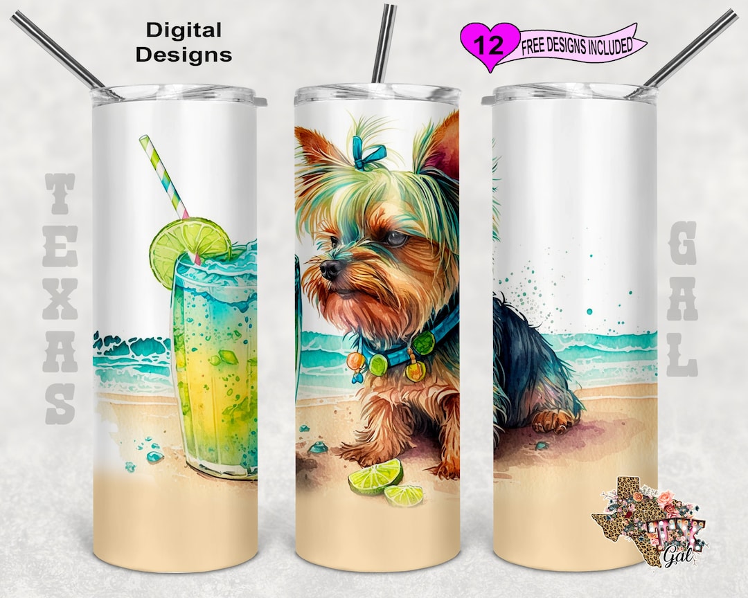 Yorkie Tumbler Wrap, Beach Tumbler Wrap, Watercolor Tumbler Wrap, 20 Oz