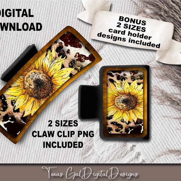 Sunflower Leopard Cow Print Hair Clip Sublimation Design, Large And Small Hair Claw PNG, Hair Clip Sublimation Design, Digital Download