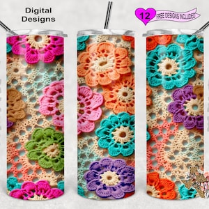 May include: A colorful crocheted pattern with various shades of pink, orange, green, blue, and purple. The pattern is made up of multiple flower shapes. The design is perfect for a tumbler or other craft projects.