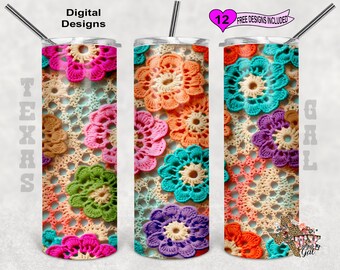 Pode incluir: Um padrão de crochê colorido com vários tons de rosa, laranja, verde, azul e roxo. O padrão é composto por múltiplas formas de flores. O design é perfeito para um copo ou outros projetos de artesanato.