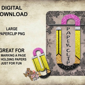Sublimação de clipe de papel grande, clipe de papel com glitter de lápis PNG, clipe de papel escolar PNG, presente para professor, clipe de papel PNG, frente e verso, download digital