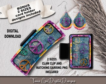 Hippie Peace Signs Hair Clip Pendiente Paquete de sublimación, Gran garra de pelo pequeña PNG, Diseño de sublimación de pendiente de clip de pelo, Descarga digital