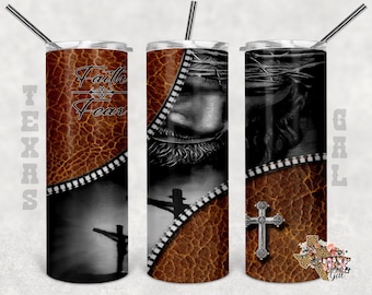 Jesus Faith Over Fear, Leather, Zipper, 20oz Skinny Tumbler, Sublimation Design, PNG, Instant DIGITAL ONLY