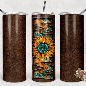 20 oz Skinny Tumbler Mom Sunflower Turquoise Leather Sublimation Design PNG Instant DIGITAL ONLY