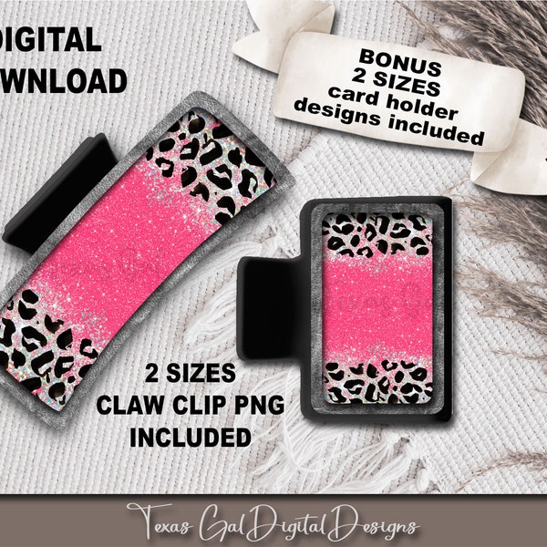 Florescent Pink Leopard Glitter Hair Clip Sublimation Design, Large Small Hair Claw PNG, Hair Clip Sublimation Design, Digital Download