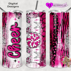 Cheer Mom Tumbler Wrap, Cheer Mom Tumbler PNG, envoltura de vaso Cheer rosa y negro, diseño de sublimación de vaso flaco de 20 oz, patrón sin costuras