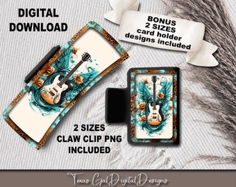 Guitarra con alas Leopard Hair Clip Diseño de sublimación, Garra de pelo pequeña grande PNG, Boho PNG, Diseño de sublimación de clip de pelo, Descarga digital