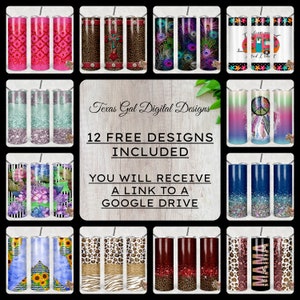 May include: Twelve different designs for sublimation tumblers. The designs include a variety of patterns, colors, and themes, such as glitter, floral, animal print, and peace signs. The text "Texas Gal Digital Designs" and "12 FREE DESIGNS INCLUDED" is displayed on the image.