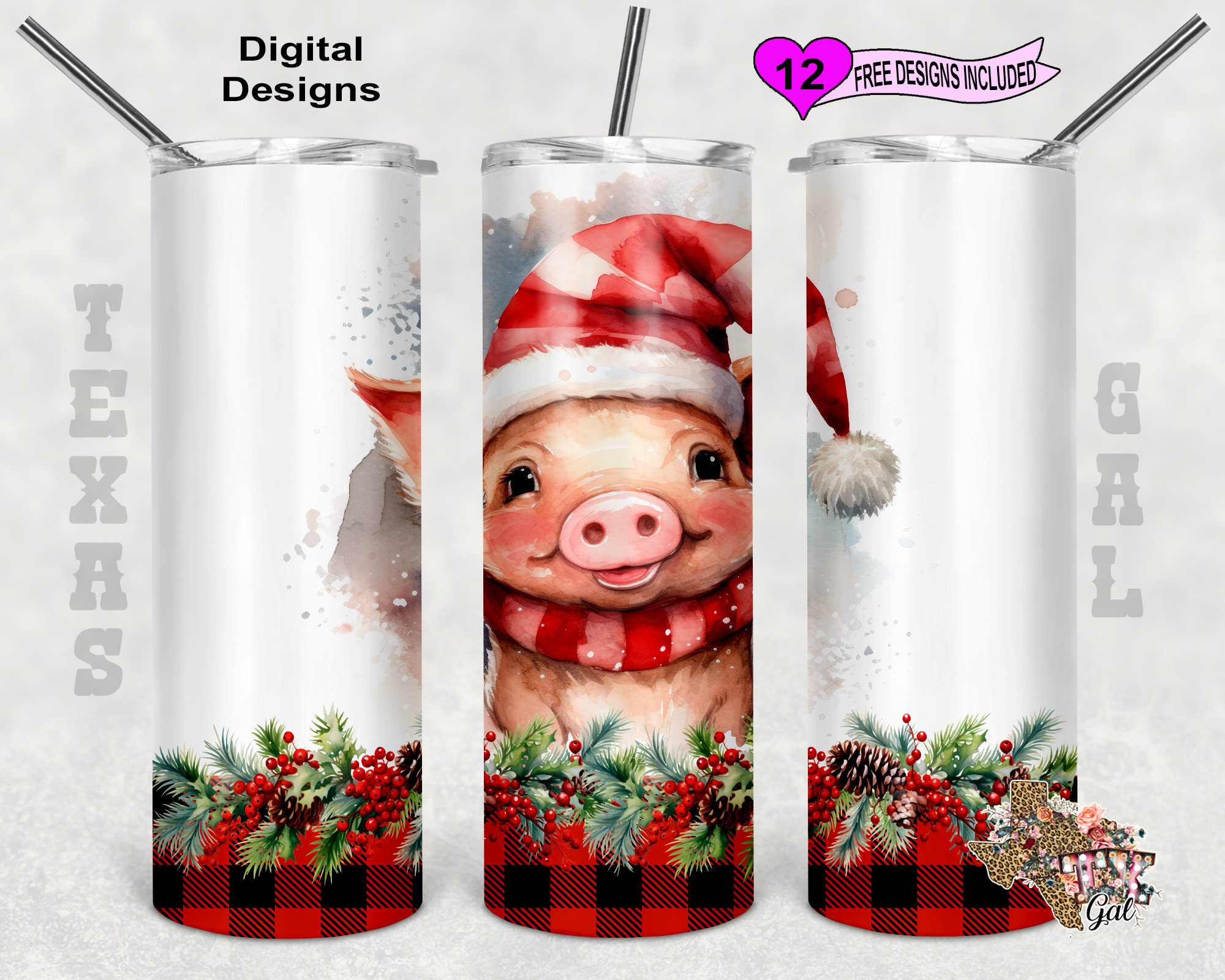 Christmas Pig Tumbler, Buffalo Plaid tumbler, Watercolor Tumbler Wrap, 20oz Sublimation Tumbler PNG, Seamless Design