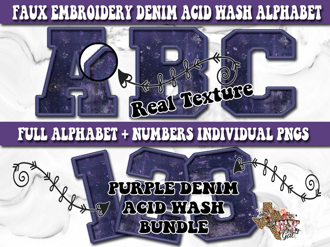 Washed Letters Texture Example Faux Embroidered Acid Wash Alphabet Set, Purple Denim Embroidered ...