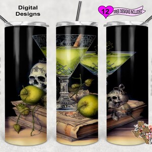 Skull Drinking Cocktails Tumbler Wrap, Watercolor Tumbler Wrap, 20oz Sublimation Tumbler PNG, Seamless Design