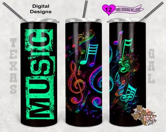 Music Notes Tumbler Wrap, Neon Tumbler Wrap, 20 oz Skinny Tumbler Sublimation Design, Seamless Pattern