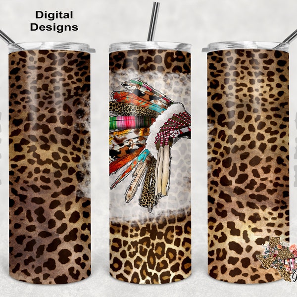 20 oz Skinny Tumbler Indian Feathers Leopard Seamless Sublimation Design PNG Instant DIGITAL ONLY