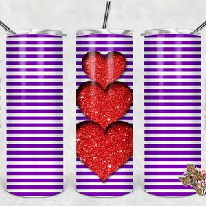20 oz Skinny Tumbler Valentine&#39;s Day Red Glitter Hearts Purple Stripes Sublimation Design PNG Instant DIGITAL ONLY