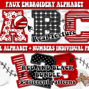 Könnte beinhalten: Faux-Stickerei-Alphabet und -Zahlen in Rot, Schwarz und Weiß mit verschiedenen Mustern. Die Buchstaben A, B, C, 1, 2 und 3 sind abgebildet. Der Text "Real Texture" und "Red and Black Bundle" ist ebenfalls enthalten.