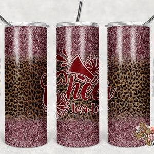20 oz Skinny Tumbler Cheer Leopard Glitter Maroon Sublimation Design PNG Instant DIGITAL ONLY