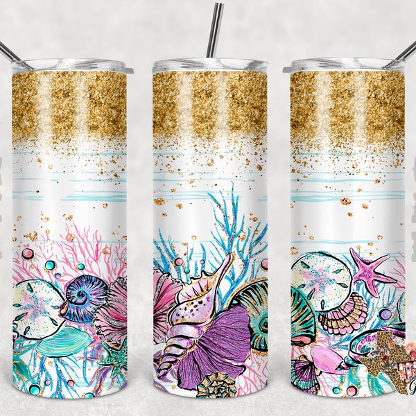 Under The Sea Tumbler, Gold Glitter PNG, 20 Oz Tumbler Design Sublimation, Seamless Pattern