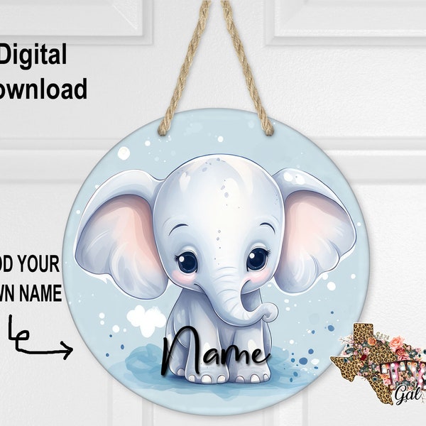 Round Sublimation Door Hanger Baby Elephant Design for Hardboard Blanks, Baby Wreath PNG, PNG Digital Download, digital graphics