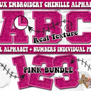 Conjunto de alfabeto de chenille bordado falso, letras de patch do time do colégio bordadas em chenille rosa PNG, pacote de fontes do alfabeto para impressão