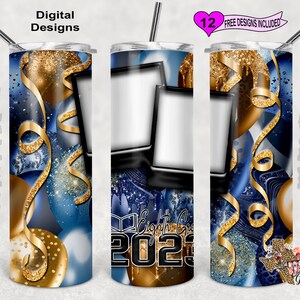 Eighth Grade Tumbler Wrap, Picture Frame Tumbler Wrap, Blue Gold Balloons, 20oz Sublimation Tumbler Design