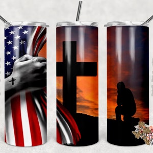 20 oz Skinny Tumbler, Cross Flag Hand, Christian Tumbler Wrap, Sublimation Design PNG Instant DIGITAL ONLY