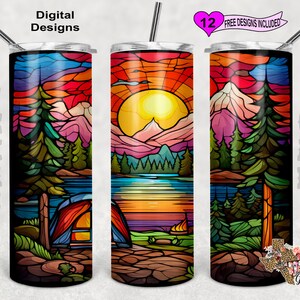 Stain Glass Tumbler Wrap, Camping Stain Glass, Camping Tumbler PNG, 20oz Sublimation Tumbler PNG